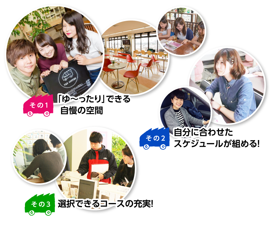その1:「ゆ～ったり」できる自慢の空間,その2:自分に合わせたスケジュールが組める！,その3:選択できるコースの充実！